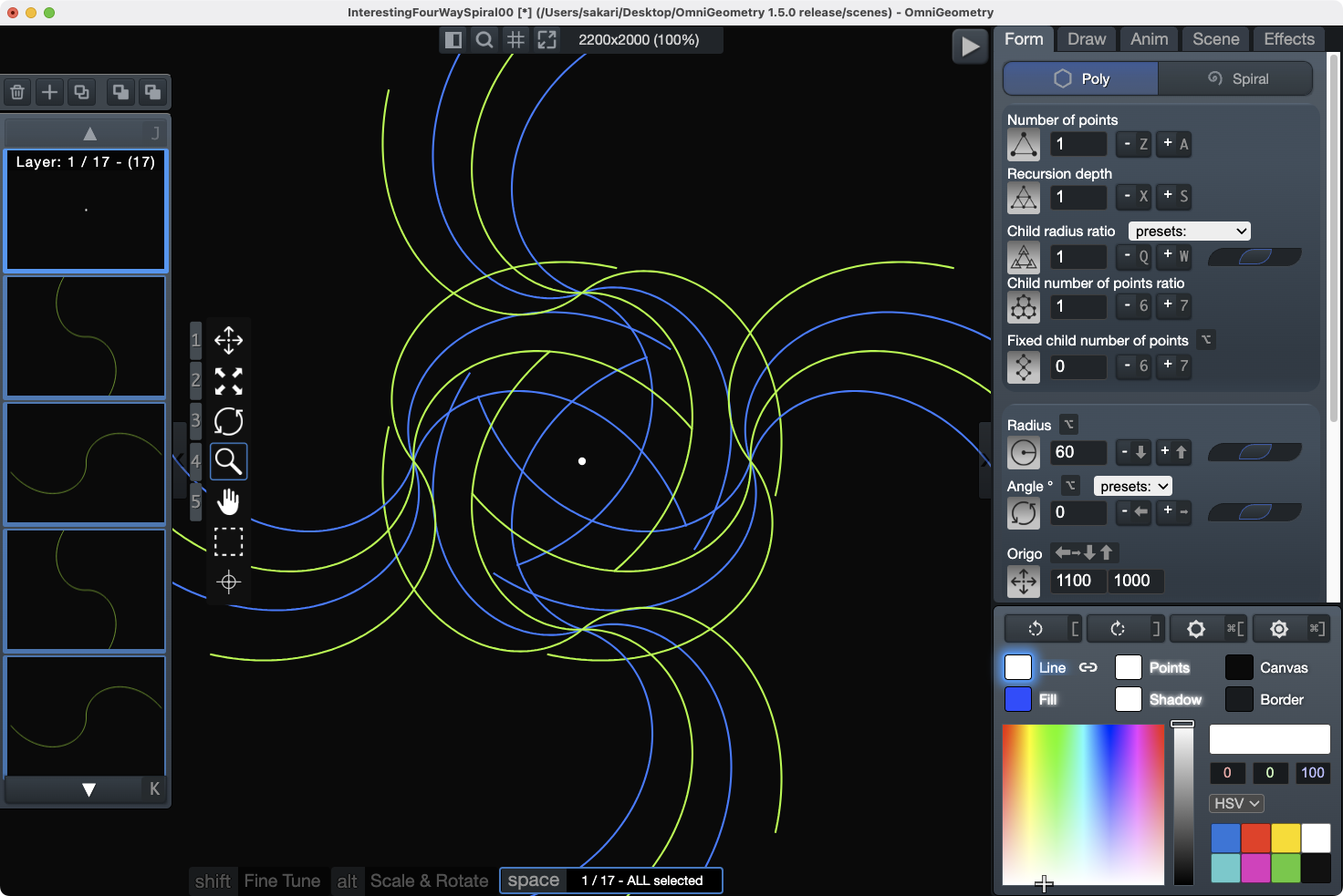 The OmniGeometry workspace - a four-armed spiral scene on the canvas, the layer list down the left, form and colour panels on the right