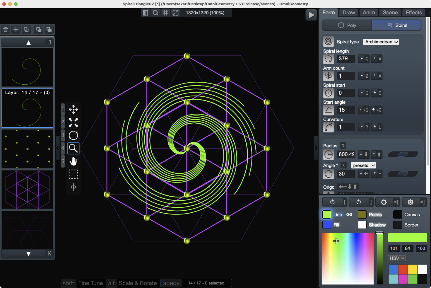 OmniGeometry with an Archimedean spiral layer traced over a violet hexagonal lattice, the spiral parameters open on the right