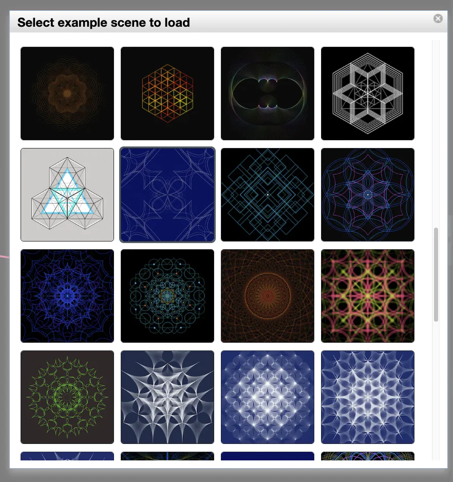 The example scene browser with thumbnail previews