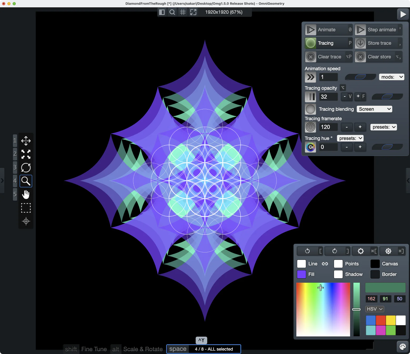 The floating animation and color panels over the canvas