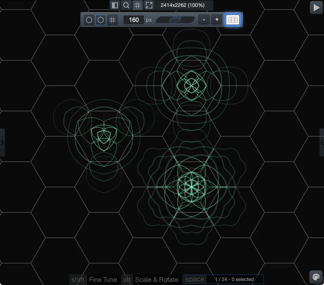 Mandala clusters snapped onto the hexagonal grid