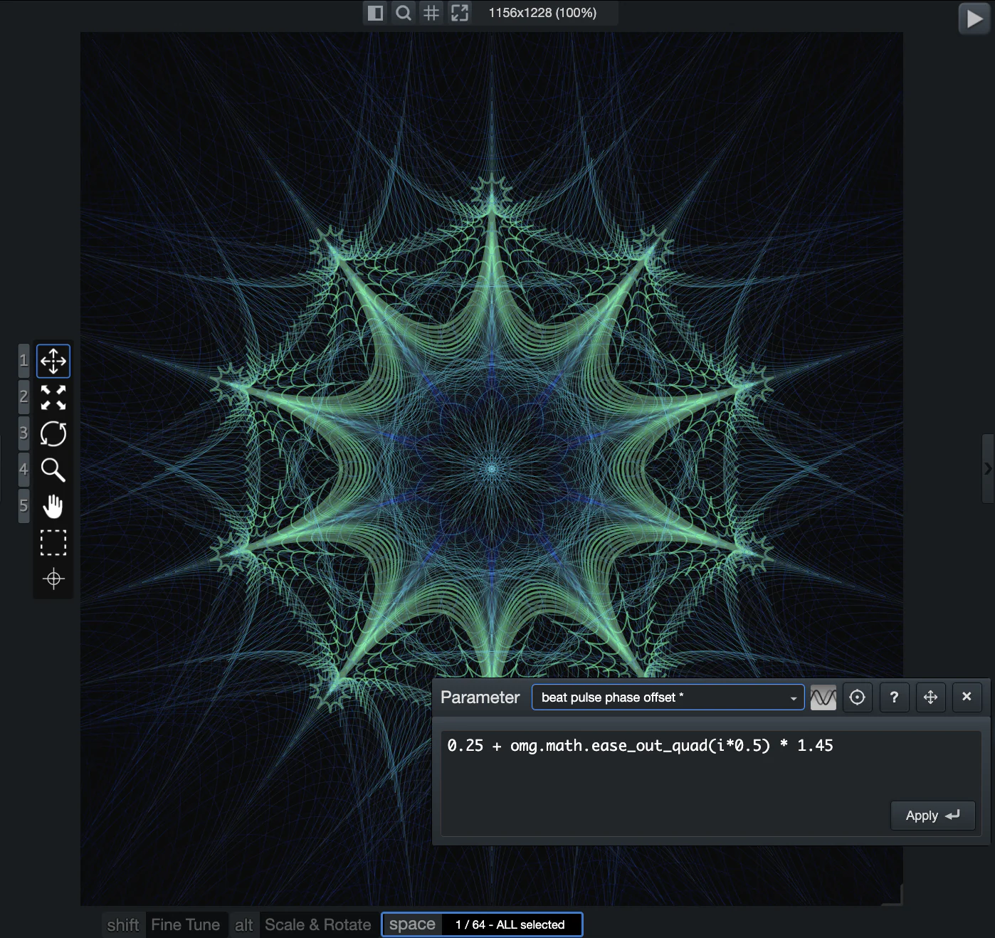 A mandala lit up by the beat pulse effect, with its phase offset cascading across the layers